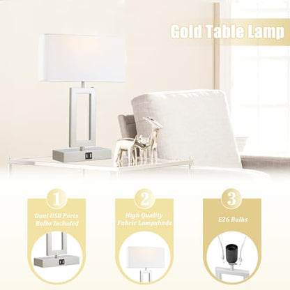 gernehop Silver Table Lamps Set of 2 with Dual USB Ports,3-Way Dimmable Touch Control Bedside Lamps,Modern Bedroom Table Lamp for Living Room,Nightstand LED Bulbs Included - color: 16Inch Silver