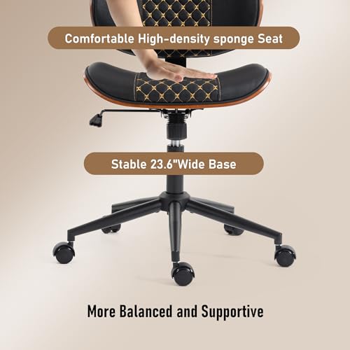 Modern Walnut Home Office Chair, Black-Embroidery | Executive Desk Chair No Armswith Wheels, Adjustable Height, Comfy PU, Deeper Cushion, Mid Back, 360 Swivel Computer Chair - color: Black-embroidery