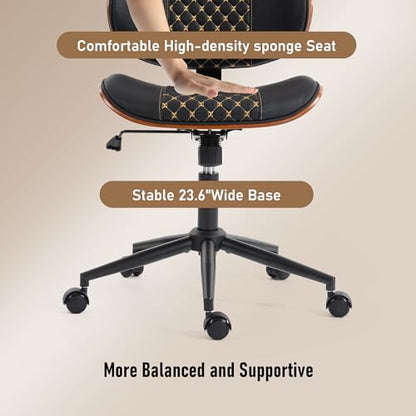 Modern Walnut Home Office Chair, Black-Embroidery | Executive Desk Chair No Armswith Wheels, Adjustable Height, Comfy PU, Deeper Cushion, Mid Back, 360 Swivel Computer Chair - color: Black-embroidery