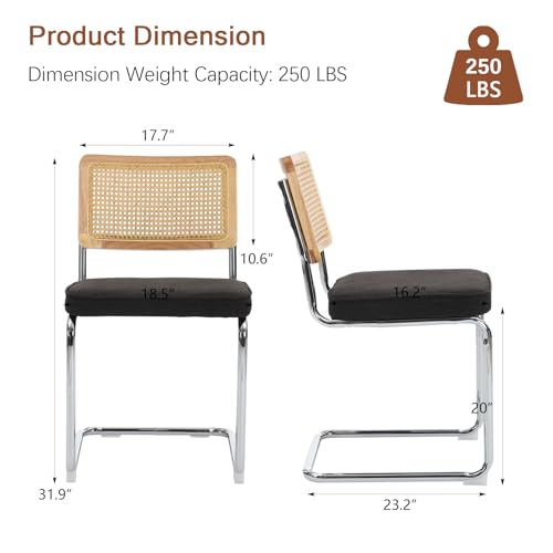 Rattan Dining Chairs Set of 4,Linen Cesca Chair Kitchen Chair,Black | VICBARLEY Mid Century Modern Dining Chairs,Wood Cane Backrest&Chrome Base,Upholstered Side Chair for Dining Room,Kitchen - color: Black, size: Set of 4