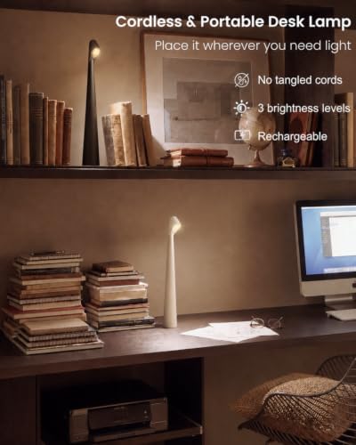 Cordless LED Table Lamp, 4000mAh Rechargeable Portable Desk Lamp, 3-Level Brightness, Bedside Night Light, Ambient Reading Light for Restaurant, Bedroom, Outdoor Camping, Night Light, White | 3-Level Brightness, Bedside Night Light, Ambient Reading Light,