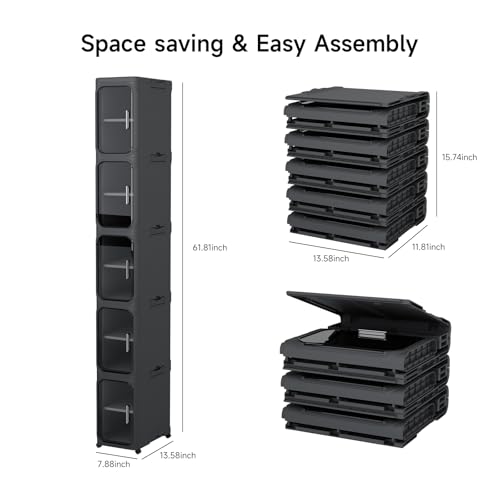 Slim Bathroom Storage Cabinet with Magnetic Clear Doors, Foldable Narrow Storage Organizer with Wheels, No-Tool Assembly Plastic Skinny Cabinet for Small Spaces, Kitchen, Laundry - color: Black, size: 5-Tiers