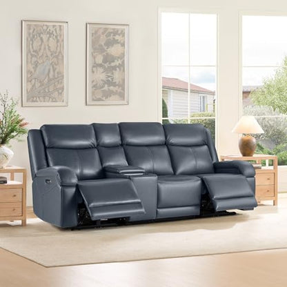 Watson & Whitely Wall Hugger Power Reclining Sofa with Console, Navy Blue | Genuine Leather Recliner Sofa, Power Headrests, Center Storage Console, Cup Holders, 3-Seater Couch, Living Room & RV - color: Navy Blue, style: 3 Seater Sofa (with console)