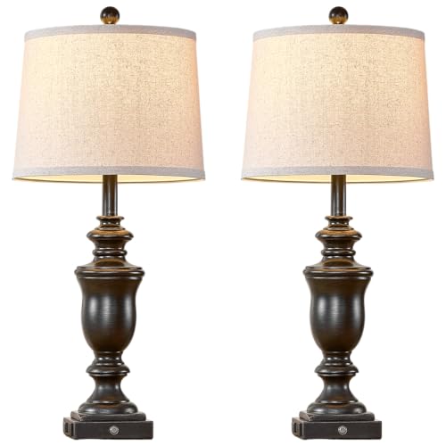 SAIWEYA 27.5" Set of 2 Farmhouse Table Lamps for Bedroom with AC Outlet | USB A+C Ports, 3 Way Dimmable Touch Control , Nightstand Lamps for Bedside, LED Bulb Included - color: Antique Black-27.5in