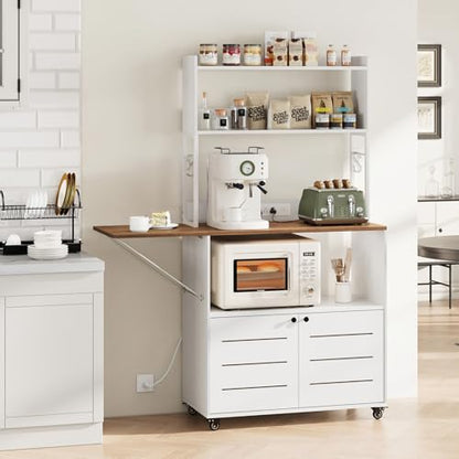 Bakers Rack with Power Outlet and Storage, 5-Tier Microwave Stand | Farmhouse Kitchen Hutch with Cabinet and Wheels, Coffee Bar with Foldable Side Table, Storage Shelves, 6 Hooks, White - color: White