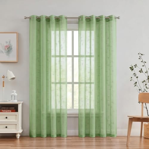 Sheer Curtains Faux Linen Semi Voile Light Filtering Drapes Pair for Bedroom Living Room, Set of 2 Grommet Top Window Curtain Panels (54 x 84 Inch,Green) - color: Green, size: 54"W x 84"L (Pack of 2)