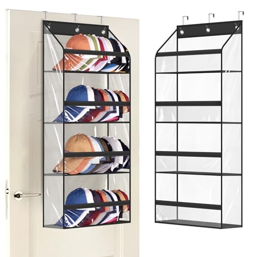 AOODA Clear Over the Door Hat Racks for Baseball Caps, Hold 48 Caps Hat Storage Organizer for Closet Wall, Deep Pockets Hanging Snapback Holder Shelves with 3 Hooks, Black - color: Black, size: 36.2"