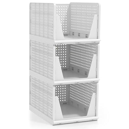 Sorbus 3 Pack Folding Closet Shelf Organizer for Clothes - Versatile Stackable Storage Baskets for Closet, Bathroom, Kitchen and Garage - Easy Access Open Front Design - Plastic Organizer Shelves - size: 3 Large