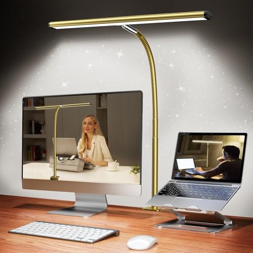 Airlonv LED Desk Lamp with Clamp, 17" Stepless Dimming Light, Gold | 2700K-6500K, 100 LEDs, 360° Gooseneck, Fits Up to 30" Monitors, Flicker-Free Lighting for Home Office, Study& Workbench - color: Gold, size: Standard