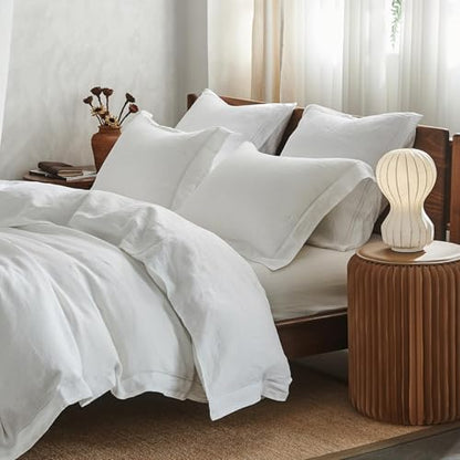 Simple&Opulence 100% Washed Linen Duvet Cover Set with Embroidered,3 Pieces Soft Farmhouse Comforter Set with Button Closure,1 Duvet Cover and 2 Pillowshams(Full,White) - color: Embroidery White, size: Full