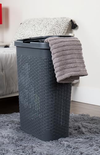 Mind Reader Slim Laundry Hamper with Lid, 40L Clothes Basket, Narrow Tapered Design with Ventilated Cutout Pattern, Plastic, Gray - color: Gray, size: Single