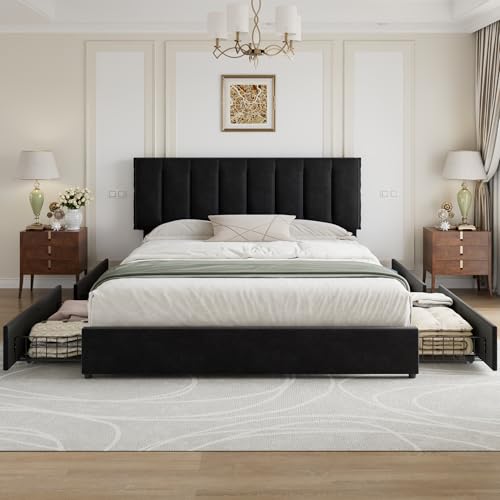 VECELO King Size Bed Frame with 4 Storage Drawers, Adjustable Height Headboard, Heavy-Duty Bedframe with Strong Wooden Slats, No Box Spring Needed, Black - color: Black, size: King, style: Bed Frame With Drawers