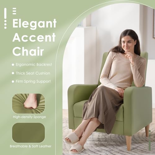 COLAMY Accent Chairs Set of 2, Faux Leather Living Room Chairs with Back Pillow & Solid Wood Legs, Mid-Century Modern Chairs, Comfy Upholstered Armchair for Living Room, Bedroom, Light Green - color: Light Green, size: Set of 2