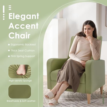 COLAMY Accent Chairs Set of 2, Faux Leather Living Room Chairs with Back Pillow & Solid Wood Legs, Mid-Century Modern Chairs, Comfy Upholstered Armchair for Living Room, Bedroom, Light Green - color: Light Green, size: Set of 2