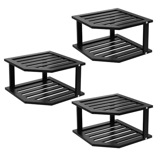 VERTORGAN 2 Tier Bamboo Corner Shelf 3 Pack Plate Organizer Kitchen(Black) | Pantry Storage,Dish Rack,Spice Rack,Corner Organizer,Kitchen Counter Shelves,Kitchen Storage,Holds Plates - color: Black, size: 3 Pc