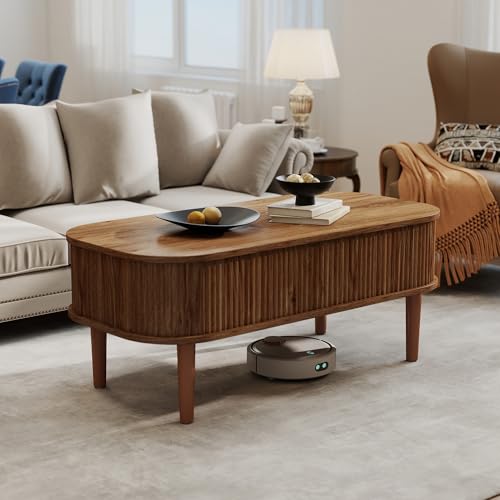 Fluted Lift Top Coffee Table with Hidden Storage, Oval Coffee Table with Lifting Top, Mid Century Modern Design for Living Room, Office & Small Spaces, Walnut - color: Walnut
