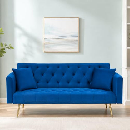 Majnesvon 71" Convertible Folding Sleeper Sofa Couch,Modern Velvet Loveseat Sleeper with 2 Pillows, Futon Sofa Bed with Mattress and Frame for Living Room,Bedroom,Small Space (Blue) - color: Blue