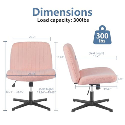 DUMOS Criss Cross Chair No Wheels, Cross Legged Office Desk Armless Vanity Chiar Wide Seat, Height Adjustable Swivel Computer Task Chairs for Home Bedroom, Pink Teddy - color: Pink Teddy