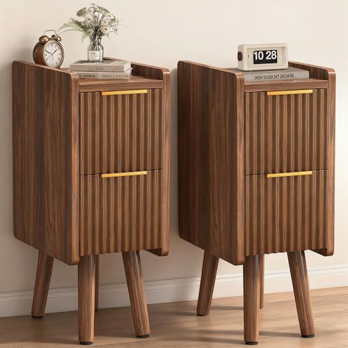 7.9" Narrow Fluted Nightstand Set of 2, 20.6" H Small Side Table, Walnut | Compact Design for Small Spaces, 2 Drawers, Wood Grain Finish, Perfect as Bedside Table, End Table or Small Bedrooms - color: Walnut-2 Pcs
