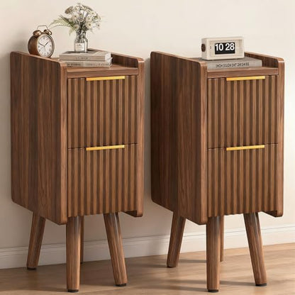 7.9" Narrow Fluted Nightstand Set of 2, 20.6" H Small Side Table, Walnut | Compact Design for Small Spaces, 2 Drawers, Wood Grain Finish, Perfect as Bedside Table, End Table or Small Bedrooms - color: Walnut-2 Pcs