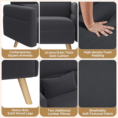 Yaheetech 46" Small Sofa Compact Modern Couch with Wood Legs, Dark Gray | Loveseat Small Sofa in Fabric 2 Seater Couch Features Wood Legs, Lumbar Pillows, Easy Assembly for Living Room, Bedroom, Dorm - color: Dark Gray
