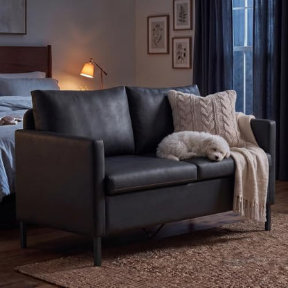 TYBOATLE Black Faux Leather Small Couch Loveseat, 2-Seater for Living Room | Love Seat, Mini Couch, Small Sofa, Modern Upholstered Design, Apartment, Dorm, Office, Bedroom, Compact Spaces - color: Black