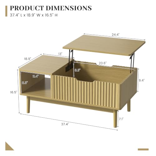 Fluted Lift Top Coffee Table with Storage, Oak | Modern Coffee Table for Living Room, Home Office - color: Oak, size: 18.9"D x 37.4"W x 16.5"H