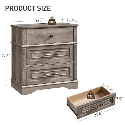 3 Drawer Tall Nightstand with Charging Station, Farmhouse Bedside Table, 27.6" W x 29.5" H, Wide End Table for Bedroom Living Room, End Tables with Charging Station, Greige - color: Greige