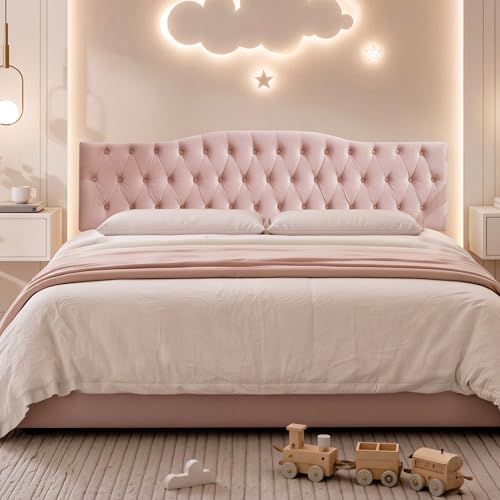 Iroomy Upholstered Full Headboard, Button Diamond Tufted Headboard with Adjustable Height and Solid Wood Leg, Velvet Padded Headboards for Full Size Bed, Modern Head Board, Pink - color: Pink, size: Full