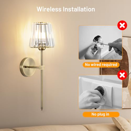 Crystal Battery Operated Wall Sconces Set of 2, Brass Rechargeable Wireless Wall Lights with Crystal Lampshade, 12 RGB and 3CCT Dimmable Wall Lamp with Remote for Bedroom Living Room Hallway - color: Brass
