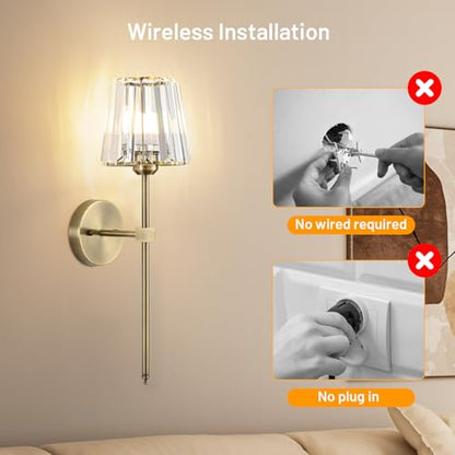 Crystal Battery Operated Wall Sconces Set of 2, Brass Rechargeable Wireless Wall Lights with Crystal Lampshade, 12 RGB and 3CCT Dimmable Wall Lamp with Remote for Bedroom Living Room Hallway - color: Brass