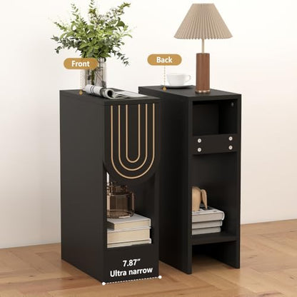 weselon Narrow Nightstand, Slim Bedside Table with Carving Lines Drawer, Mid-Century Modern Small Side End Table for Bedroom Small Space, Wooden Night Stand (1, Black) - color: Black-carved Drawer, size: 1-Pack