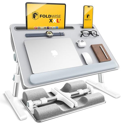 2-in-1 Bed & Lap Desk with Soft Cushion, Adjustable Height & Angle | Wrist Rest, Leather, iPad Holder & Stopper - Foldable Laptop Stand for Bed & Couch, Portable Bed Table Tray for Adults & Kids - color: Gray