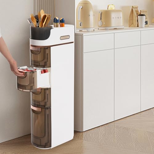 4 Tiers Slim Bathroom Storage Cabinet, Narrow Plastic Rolling Cart Organizer with Drawers, Mobile Storage Organizer with Tissue Box and Removable Dividers for Small Spaces, Bathroom, Bedroom, Kitchen