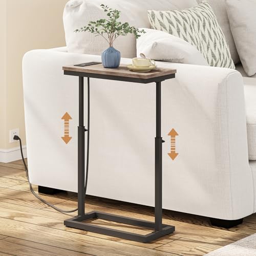 TUTOTAK End Table with Charging Station, Side Table, Tall Couch Table | Sofa Table, for living Room, Bedroom, Greige TB01BG084 - color: Greige, size: 1 Pack, style: With Plug