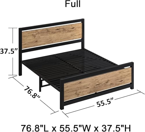 Full Size Bed Frame with Headboard, Full Metal Platform Bed Frame with Steel Slat Support, 10.5 in Storage Clearance, No Box Spring Needed, Easy Assembly, Black Brown - color: Black&brown, size: Full