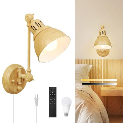 GOODATE 1 Pack Plug in Wall Sconce with Remote Control, Dimming, Adjustable Colors 2700K-6500K, Plug in Wall Light, Swing Arm Wall Lamp with Night Light & Timer, LED Bulb Included, Oak Finish - size: Oak-1 PACK(Bulb+Remote)