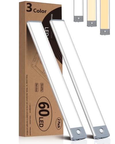PRIORARE Motion Sensor Under Cabinet Lighting 3 Color Temperatures, 60-LED Wireless Closet Light, USB-C Rechargeable Battery Powered Operated Lights, Magnetic Activated Cupboard Night Light 2 Pack | 2 Pack USB-C Rechargeable Battery Powered Operated Light