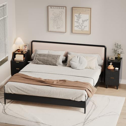 Fluted Nightstands Set of 2,Narrow Bedside Table with 2 Drawers & Storage, Farmhouse Walnut End Table Modern Side Table for Bedroom Livingroom Sofa Office, Small Space - color: Black,11.8" With 2 Drawers