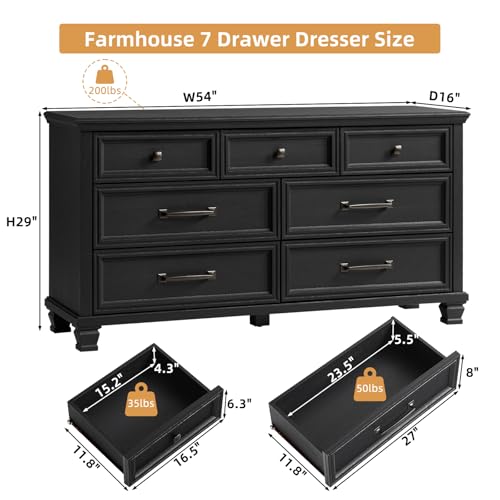 Farmhouse 7 Drawer Dresser for Bedroom, Black | 54” Wide Horizontal Dressers & Chests of Drawers with Reinforced Top & Square Wooden Legs - color: Black, size: 16"D x 54"W x 29"H (7 Drawers)