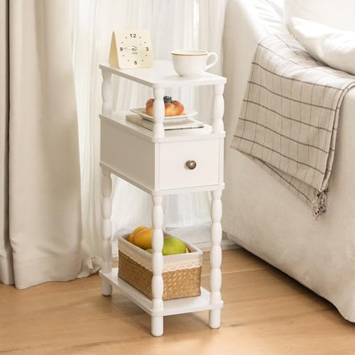 MaxSmeo White Narrow End Table, Small Side Table Living Room, Skinny Bedside Table Nightstand with Drawer for Small Spaces, Bedroom (White) - color: White