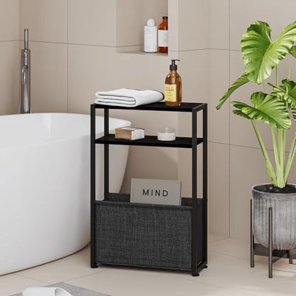 Leomonio Narrow Side Table, Slim End Tables with Fabric Basket, Skinny Table for Small Spaces, Thin Bedside Table for Living Room, Bedroom (1, Ebony Black + Slate Gray) - color: Ebony Black + Slate Gray