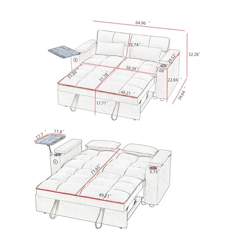 66" Multi-Functional Pull-Out Sofa Bed with Hidden Side Table, Storage Armrests, Built-in Charging Port, Spring Mattress, Solid Wood Frame – Ideal for Small Spaces, Easy Assembly - color: 1007--pink