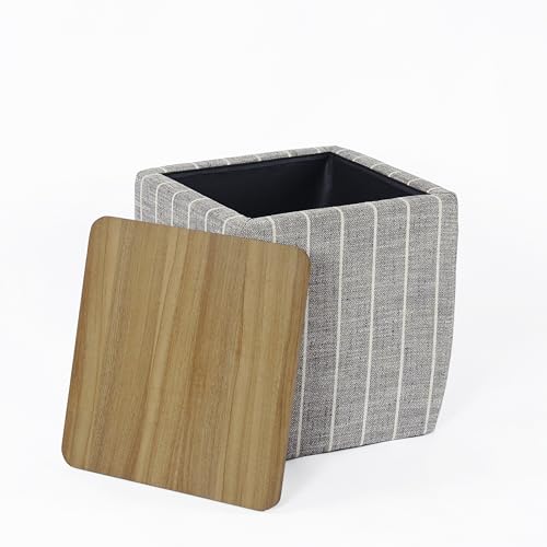 HomePop 19" Storage Ottoman with Wood Top - Midnight Gray Woven Stripe - color: Midnight Gary Woven Stripe