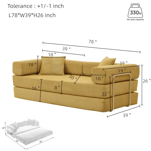 HANXIN Convertible Sleeper Sofa Bed, 78 Inch Folding Floor Mattress Couch with Fixed-Shape Frame, Futon Boneless Couch Lounge Loveseat with Pull Out Bed, No Assembly Required (Yellow) - color: Yellow, size: 78" Loveseat Sofa Bed