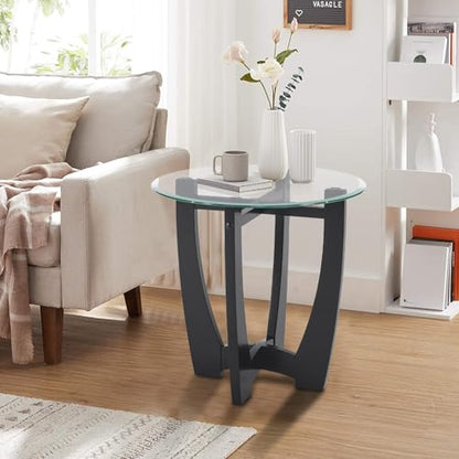 Glass End Table, 23.5" Round Side Tables with Tempered Glass Top Cross and Solid Wood Base Small Night Stand for Living Room Office Apartment Black - color: D-2, size: Round