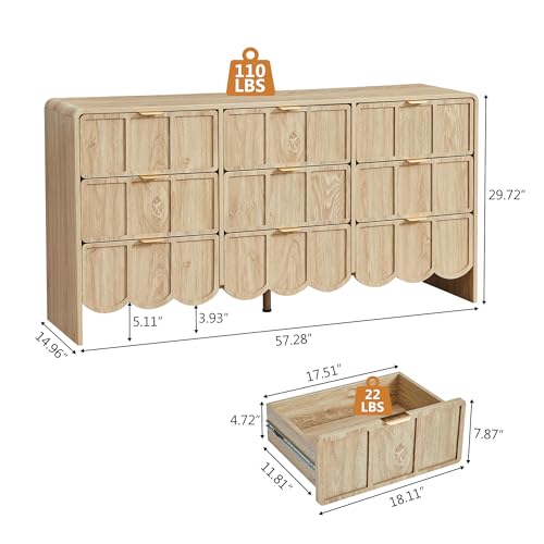 9 Drawer Dresser for Bedroom, Modern Closet Chest of Drawers with Wave Fluted Drawer, Wood Storage Small Dresser Organizer for Nursery Bedroom Living Room Hallway Closet (Natural) - color: Natural Scallop 9 Drawer