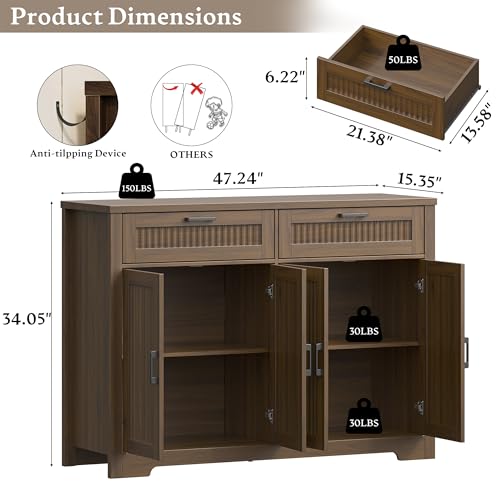 Fluted Buffet Sideboard Cabinet with Storages, Buffet Table with Drawers | Coffee Bar Console Table with 2 Drawers & 4 Doors and Adjustable Shelves, Sideboard with Metal Handles, Walnut - color: Walnut, size: 4 Doors & 2 Drawers