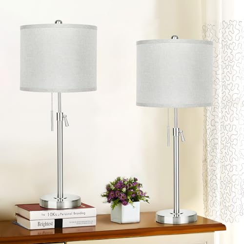 Qingmiao Table Lamps for Bedrooms Set of 2, 22" to 30" Height Adjustable Nightstand Lamps with Linen Shade, Pull Chain Switch Lamps for Living Room, 3 Way Dimmable Bedside Lamp - color: Brushed Nickel,Grey Shade