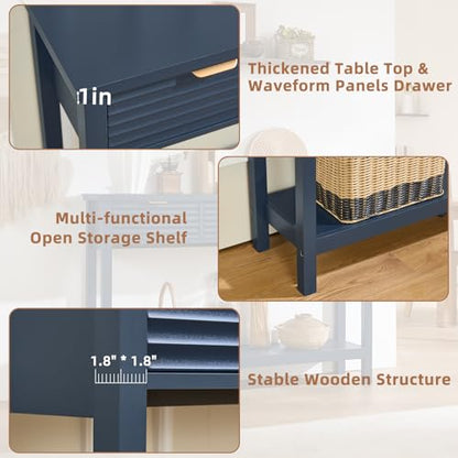LEYAOYAO 47.2" Fluted Console Table with 3 Drawers, Blue Entryway Table | Modern Wood 2 Tier Entry Table, with Open Storage Shelf, Farmhouse Sofa Table Behind Couch, for Living Room, Hallway, Foyer - color: Dark Navy Blue